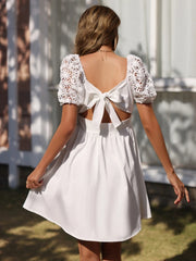 LIZAKOSHT - Summer White Puff Sleeve Cutout Flower Dress Sexy Backless Bow Square Neck High Waist Bandage Dresses Vestidos Party Dress