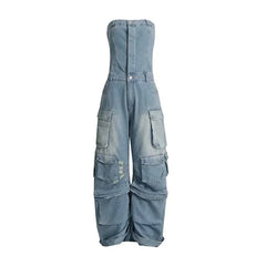 LIZAKOSHT - New Fashion Street Style Strapless Waist Body Spice Girls Multi-Pocket Denim Cordless Pants rompers womens jumpsuit