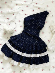 LIZAKOSHT - Sexy Polka Dot Dresses Y2k Woman Clothes Punk Lace Slim Short Skirt vintage Off-Shoulder High Street Sweet Basics Elegant Dress