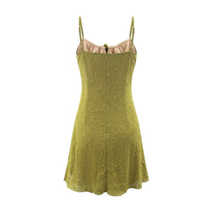 LIZAKOSHT - Summer Embossing Floral Bow Lacing up V neck Sling Dress Sexy Women Slim Waist Elastic Back Zipper Short Dresses Holiday Robe