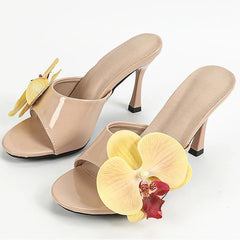 LIZAKOSHT - Fashion Flower Slippers Women Up Size 42 43 Designer High Heels Sandals Female Patent Leather Open Toe Slides Sandalias De Mujer