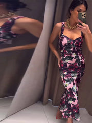 LIZAKOSHT  -  Elegant Floral Fruit Patterned Slip Dress For Women Square Collar sleeveless Hip Package 2025 Female Party Vacation Chic Dresses