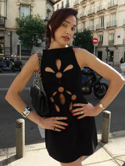 LIZAKOSHT - Hollow Out Sleeveless Dress Women Sexy Temperament Waist Cinching Slimming Elastic Summer Round Neck Hip Hugging Short Dress