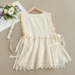 LIZAKOSHT - Mori Gril Cotton Waistc Oat Women Summer New Wooden Ear Side Tie Age Reduction Fold Wear Vest