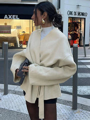 LIZAKOSHT - Elegant Lace Up Coat For Women V-neck Long Sleeve Slim Jacket Cardigan 2024 Autumn Winter Lady Streetwear Outwear New In Coats