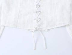 LIZAKOSHT - Sweet Embroidery White Cross Lacing up Bow Front Long Puff Sleeve Shirt Women Slash Collar Elastic Back Slim Crop Top blouses