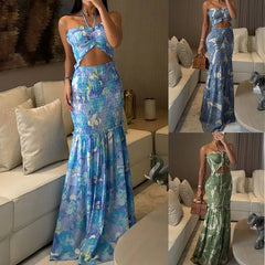 LIZAKOSHT - Spring Summer New Halter Neck Hollow Out Fashion Printed Ruched Dress Y2k Clothes Womrn Casual Bodycon Vacation Dress
