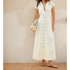 LIZAKOSHT - French Lapel Long Dress Single-breasted Women's Summer Slim Dress Fashionable Commuter Women's Clothing