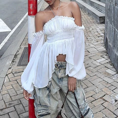 LIZAKOSHT - Off Shoulder Ruffles Sexy Lantern Long Sleeve Halter Backless Fashion All-match Crop Tops Y2K Summer Streetwear Blouses