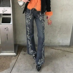 LIZAKOSHT - American Jeans Hot Girl Printed Gem Pattern Women New Design Micro-Flared Floor-Length Trousers
