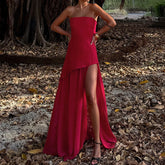 LIZAKOSHT - Casual Mesh Patchwork Women's Long Dress Fashion Strapless Split Banquet Dress Spring Summer Elegant Solid Holiday Dresses