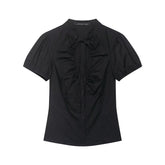 LIZAKOSHT - Summer New Bow Lace-up Puff Sleeve Slim Blue Shirts Women Sexy V-neck Single Breasted Crop Tops Y2K Girl Cute Tops
