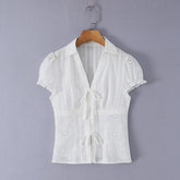 LIZAKOSHT - CHIC White Embroidery Flower Hole Lapel V Collar Short Puff Sleeve Shirt Women Bow Lacing Up Front Side Zipper Blouse Crop Tops