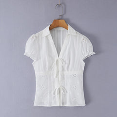 LIZAKOSHT - CHIC White Embroidery Flower Hole Lapel V Collar Short Puff Sleeve Shirt Women Bow Lacing Up Front Side Zipper Blouse Crop Tops