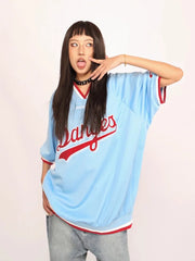 LIZAKOSHT - Y2k Sport Embroidery Graphic T Shirts for Women Oversized V-neck Quick Drying Short SleeveTee Summer Hip Hop Casual Tops