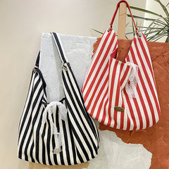 LIZAKOSHT - Stripe Letter Design Women's Shoulder Bag Large Capacity Ladies Thick Canvas Tote Travel Handbags Female Reusable Shopping Bags