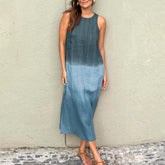 LIZAKOSHT - Elegant O-Neck Straight Office Dress Women Side Split Beach Pullover Dress Casual Summer Sleeveless Gradient Long Dress