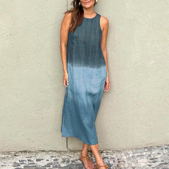 LIZAKOSHT - Elegant O-Neck Straight Office Dress Women Side Split Beach Pullover Dress Casual Summer Sleeveless Gradient Long Dress