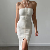 LIZAKOSHT - Summer New Dstring Pleated ter Dr Sexy Tight Wrap around Bodycon Long Skirt without Sve Polyester Fiber Midi Dr