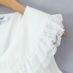 LIZAKOSHT - Sweet White Spliced Lace open Buttons Peter Pan Collar Mini Sleeveless Dress Women Wood ears Hem Loose Straight Short Vestidos