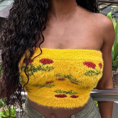 LIZAKOSHT - Jacquard Knitted Plush Strapless Top for Women's Summer New Style Sexy and Spicy Girl Style Slim Fit Interior Sweater Tank Tops