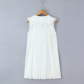 LIZAKOSHT - Sweet White Spliced Lace open Buttons Peter Pan Collar Mini Sleeveless Dress Women Wood ears Hem Loose Straight Short Vestidos