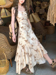 LIZAKOSHT - Summer Japanese Elegant Party Midi Dress Women Irregular Sweet Lace Suspender Dress Female Slim Korean Casual Strappy Dress