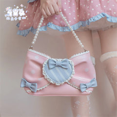 LIZAKOSHT - Sweet Girls Pink Sugar Wave Point Pearl Chain Bowknot Bags Lolita Bags Black Girls Cute Love Ruffle Portable Cosplay Lolita Bags