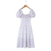 LIZAKOSHT  -  Sweet Floral Print Holiday Summer Dress Women Vintage Puff Sleeve Slit Hem A-line Midi Dresses French Style Robe