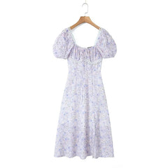 LIZAKOSHT  -  Sweet Floral Print Holiday Summer Dress Women Vintage Puff Sleeve Slit Hem A-line Midi Dresses French Style Robe