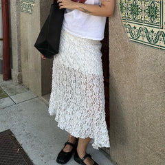 LIZAKOSHT - Vintage Lace Midi Skirt Floral Sheer See-Through Irregular Hem A-line Skirt Fairy Streetwear Chic Women Long Skirt