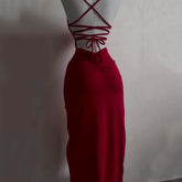 LIZAKOSHT  -  Sexy Holiday Backless Lace Up Long Dress Women Split Sleeveless Bodycon Party Evening Dresses High Street Female Suspender Robes