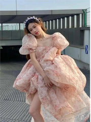 LIZAKOSHT - Vintage Princess Sweet High Low Front Short Back Long Dress Women Puff Sleeve vestido mujer versailles dress Prom dress