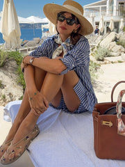 LIZAKOSHT - Casual Striped Shorts Suits Women Loose Lapel Long Sleeves Single Breasted Shirts Set Female 2025 Summer Fashion Chic Sets Lady