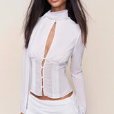 LIZAKOSHT - Women's New Button Hollow Ribbon Top Shirt with Waist Cinching and Sexy Spicy Girl Shirt