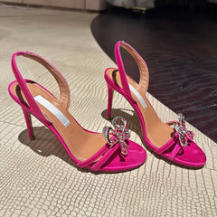 LIZAKOSHT - Exquisite High Heels for Women Summer New Style Elegant Style Versatile Round Head Rhinestone Bow Tie Thin Heel Sandals