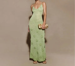 LIZAKOSHT - Knitted Suspender Three-dimensional Flower Decoration Dress Sexy Hip Hugging Slim Fit Deep V-neck Dress for Women