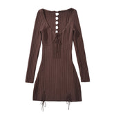 LIZAKOSHT - Women Slit Hem Hollow Out Hole Backless Full Sleeve Robe Sexy Spliced Lace O neck Low Chest Knitted Package Hips Mini Dress