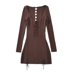 LIZAKOSHT - Women Slit Hem Hollow Out Hole Backless Full Sleeve Robe Sexy Spliced Lace O neck Low Chest Knitted Package Hips Mini Dress