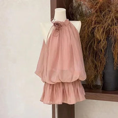 LIZAKOSHT - 2025 Summer Gentle Hanging Neck Dress Women's Short Skirt Sleeveless A-line Skirt