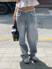 LIZAKOSHT - Streetwear Baggy Lace Jeans Women Harajuku Low Waist Jean Pant Y2K Vintage Casual Straight Washed Denim Trousers Korean