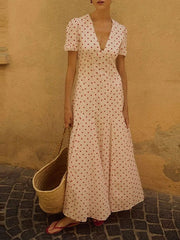 LIZAKOSHT - Elegant Polka Dot Printed Bohemian Women Long Dress Fashion Hight Wasit Party Dress V-neck Short Sleeve Seaside Vacation Dress