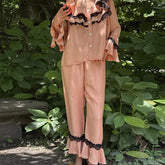 LIZAKOSHT - Women Satin Silk Pajamas Lace Trim Long Sleeve Turn Down Ruffles Button Up Blouse Tops + Pants Lounge 2 Pcs Set