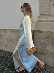 LIZAKOSHT  -  Ruched Sexy Spaghetti Strap Maxi Dress Women Split Blue Sleeveless Backless Club Party Dress Fashion Elegant Vestido