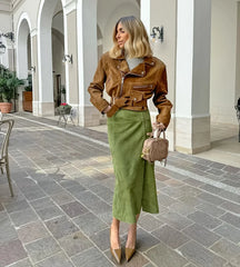 LIZAKOSHT - Green Suede Half length Skirt for Women's Autumn New High Waist Slim Straight Leg Skirt Medium to Long Women's Wear