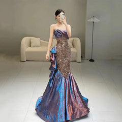LIZAKOSHT - Purple Strapless Shiny Prom Dresses Sleeveless Mermaid Pleated Sexy Laser gradient 2024 New Formal Party Cocktail Evening Gowns