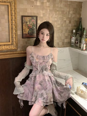 LIZAKOSHT - Women Elegant Summer Sweet Purple Floral Print Mini Dress Female Ruffle Sleeveless Chiffon Beach Dress Y2k Slim Dress