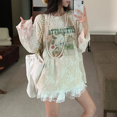 LIZAKOSHT - Summer New Streetwear Cartoon Printed Loose Casual Mesh Long Sleeve T-Shirt Women + Pleated White Cake Skirt Two-piece Suit