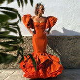 LIZAKOSHT - Orange Off The Shoulder Prom Dresses Tiered Ruffles Mermaid Evening Gowns Women Formal Occasion Party Dress Robe De Soiree