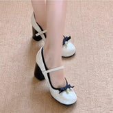 LIZAKOSHT - New Thick Heel Mary Jane Shoes Women's Spring Light Mouth High Heels Bow Single Shoes Elegant Pearl Embellished Heels Pumps